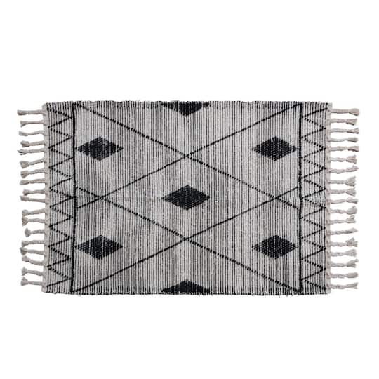 Hello Honey® Black & White Scandinavian Handwoven Cotton Rug With Geometric Pattern & Fringe, 72" x 48"